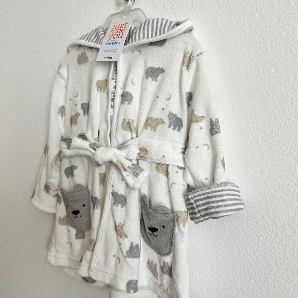 Carter's Just One You White Gray Baby Bear Print Hooded Bath Robe Size 0-9M